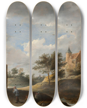 Triptych art skateboard deck of David Teniers The Elder Landscape With Peasants Dancing by David Teniers The Elder (1582-1649)