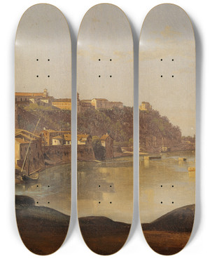 Triptych art skateboard deck of Gustaf Sderberg View Over The Tiber To The Aventine Rome by Gustaf Soderberg (1799-1875)