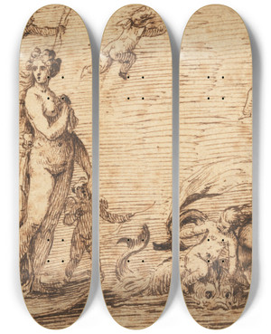 Triptych art skateboard deck of Isaac Fuller The Nymph Galatea by Isaac Fuller (1606-1672)