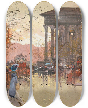 Triptych art skateboard deck of Eugne Galienlaloue Paris The Boulevard De La Madeleine In The Evening by Eugene Galien Laloue (1854-1941)