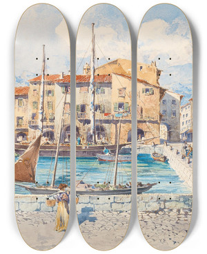 Triptych art skateboard deck of Fritz Lach Malcesine Near Gardasee by Fritz Lach (1868-1933)