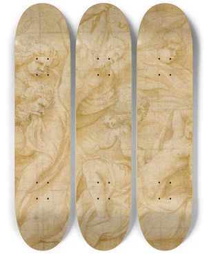 Triptych art skateboard deck of Giulio Romano Birth Of Bacchus by Giulio Romano (1492-1546) Triptych art skateboard deck of Giulio Romano Birth Of Bacchus by Giulio Romano (1492-1546)