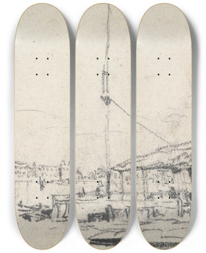Triptych art skateboard deck of David Cox A View Of The Scheldt by David Cox (1783-1859)
