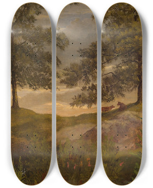 Triptych art skateboard deck of Albert Bierstadt Landscape With Cows by Albert Bierstadt (1830-1902)