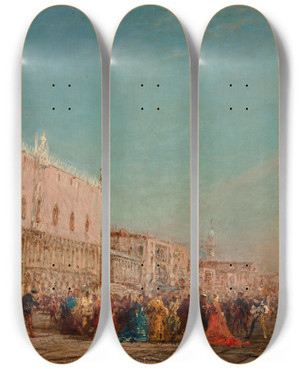 Triptych art skateboard deck of Flix Ziem Embarquement Sur Le Mle by Felix Ziem (1821-1911)