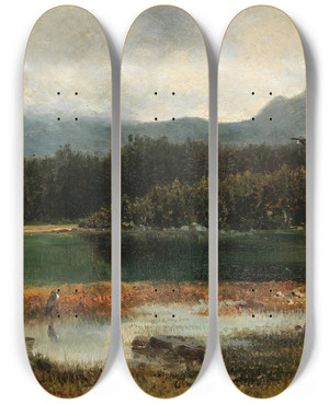 Triptych art skateboard deck of Emilie Medizpelikan Fischreiher Am Bergsee by Emilie Mediz Pelikan (1861-1908)