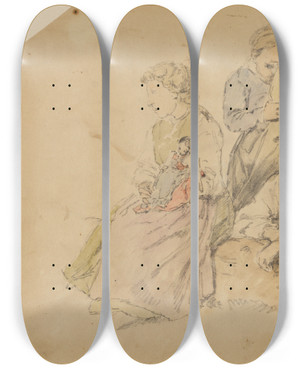 Triptych art skateboard deck of Johann Baptist Kirner Drei Schwarzwlder Bauernkinder by Johann Baptist Kirner (1806-1866)