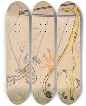 Triptych art skateboard deck of Zygmunt Waliszewski Humorous Drawing For Nephew Alik Iv Carousel by Zygmunt Waliszewski (1897-1936)