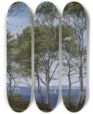 Triptych art skateboard deck of P C Skovgaard View Through Beech Trees Across A Fiord by P C Skovgaard (1817-1875)