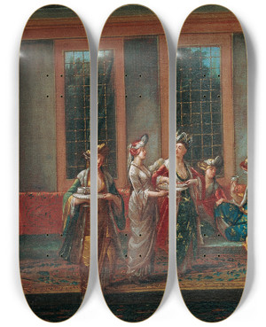Triptych art skateboard deck of Jean Baptiste Vanmour Women Drinking Coffee by Jean Baptiste Vanmour (1671-1737)