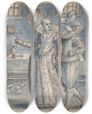 Triptych art skateboard deck of Crispijn De Passe The Elder Study For An Engraving In The Hortus Voluptatum by Crispijn De Passe The Elder (1564-1637)