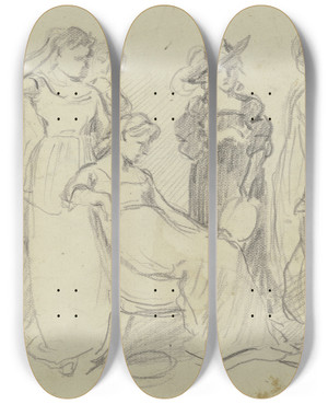 Triptych art skateboard deck of Otto Scholderer Vorbereitung Zum Kostmball_4 by Otto Scholderer (1834-1902)