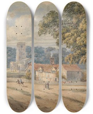 Triptych art skateboard deck of George Shepheard The Village Of Aldbury Hertfordshire by George Shepheard (1770-1842)