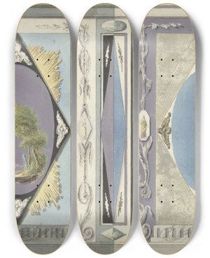 Triptych art skateboard deck of Abraham Meertens Ontwerp Voor Kamerversiering Met Twee Panelen Met Een Ovaal In Een Ruit by Abraham Meertens (1747-1823)