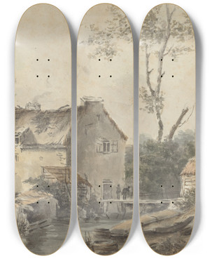 Triptych art skateboard deck of Louis Gabriel Moreau Mill With Bridge And Figures by Louis Gabriel Moreau (1740-1806)
