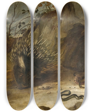 Triptych art skateboard deck of Frans Snyders Porcupines And Vipers by Frans Snyders (1579-1657)