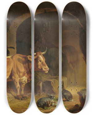 Triptych art skateboard deck of Friedrich Voltz In The Barn by Friedrich Voltz (1817-1886)