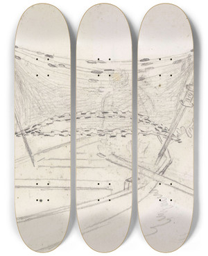 Triptych art skateboard deck of Hans Gude Fishing Boat by Hans Gude (1825-1903)