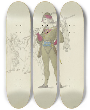 Triptych art skateboard deck of Ferdinand Fellner Ein Schwarzer Ritter Bogenschtzen Ein Jger Sowie Maskentrger by Ferdinand Fellner (1799-1859)