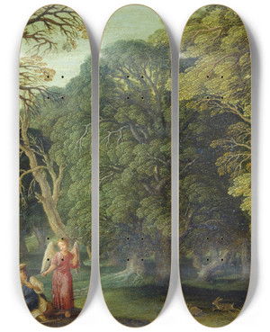Triptych art skateboard deck of Johann Knig Hagar And The Angel In The Desert by Johann Konig (1586-1642)