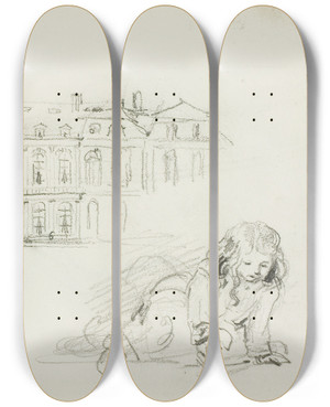Triptych art skateboard deck of Charles Franois Daubigny The Hotel De Ville Tours And A Girl Playing by Charles Francois Daubigny (1817-1878)