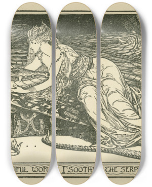Triptych art skateboard deck of Henry Justice Ford The Beautiful Woman Soothes The Serpent King by Henry Justice Ford (1860-1941)