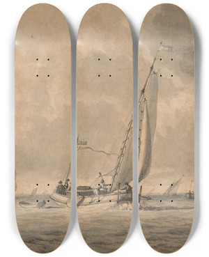 Triptych art skateboard deck of Dominic Serres Barges Heading Out To Sea by Dominic Serres (1722-1793)