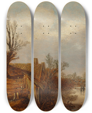Triptych art skateboard deck of Esaias Van De Velde Cottages And Frozen River by Esaias van de Velde (1587-1630)