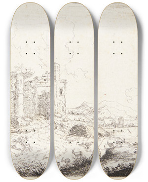 Triptych art skateboard deck of Cornelis Matthieu Landskab Med En Gedehyrde by Cornelis Matthieu