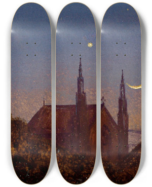 Triptych art skateboard deck of Carl Gustav Carus Gotische Kirche Ber Baumwipfeln Bei Mondenschein by Carl Gustav Carus (1789-1869)