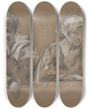 Triptych art skateboard deck of Edwin Austin Abbey Studies Of 3 Women For The Royalexchange by Edwin Austin Abbey (1852-1911)