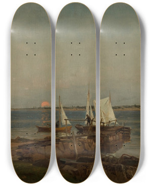 Triptych art skateboard deck of Amaldus Nielsen Sommernatt Hvaler by Amaldus Nielsen (1838-1932)