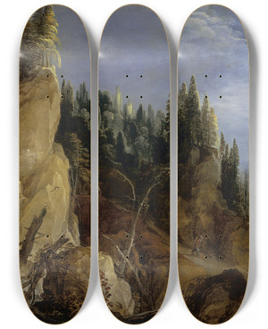 Triptych art skateboard deck of Joos De Momper Mountain Landscape_3 by Joos de Momper (1564-1634)