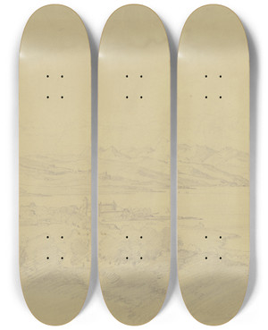 Triptych art skateboard deck of August Lucas View Of Morges by August Lucas (1803-1863)