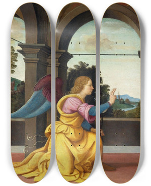 Triptych art skateboard deck of Raffaellino Del Garbo The Annunciation by Raffaellino Del Garbo (1466-1524)