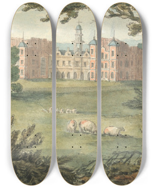 Triptych art skateboard deck of Thomas Bradshaw Hatfield House by Thomas Bradshaw (1767)