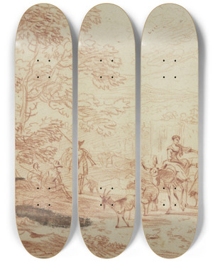 Triptych art skateboard deck of Nicolaes Pietersz Berchem Am Saum Eines Waldes Lagern Jger Dabei Ein Hirte Und Eine Hirtin Auf Einem Esel Mit Zwei Schafen Und Einer Ziege by Nicolaes Pietersz Berchem (1620-1683)