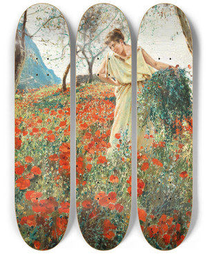 Triptych art skateboard deck of Peter Conrad Schreiber In A Poppy Field by Peter Conrad Schreiber (1816-1894)