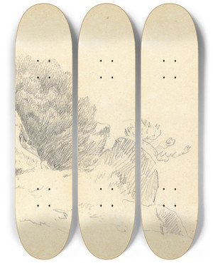 Triptych art skateboard deck of Thomas Bradshaw Sketch Of Rocks And Shrubs by Thomas Bradshaw (1767)
