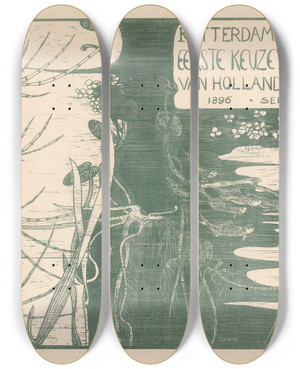 Triptych art skateboard deck of Theo Van Hoytema Catalogusomslag Met Waterplanten by Theo Van Hoytema (1863-1917)