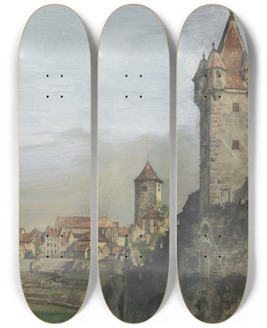 Triptych art skateboard deck of Theodor Alt Teilansicht Von Rothenburg Ob Der Tauber by Theodor Alt (1846-1937)