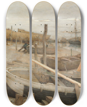 Triptych art skateboard deck of Jean Charles Cazin The Boatyard by Jean Charles Cazin (1840-1901)