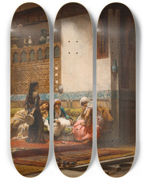 Triptych art skateboard deck of Frederick Arthur Bridgman Moorish Interior by Frederick Arthur Bridgman (1847-1928)