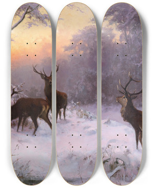 Triptych art skateboard deck of Arthur Thiele Wild Im Winterwald by Arthur Thiele (1841-1919)
