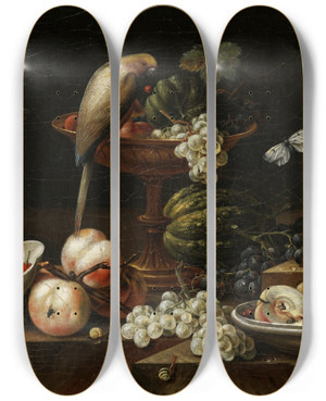 Triptych art skateboard deck of Johann Amandus Winck Still Life With Flowers And Fruits A Perroquet And Various Insects On A Ledge by Johann Amandus Winck (1748-1817)