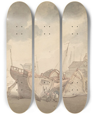 Triptych art skateboard deck of Thomas Rowlandson Harbor Scene With The Tide Out And Beached Boats by Thomas Rowlandson (1756-1827)