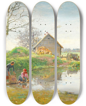 Triptych art skateboard deck of Ivan Pavlovich Pokhitonov Washing Day by Ivan Pavlovich Pokhitonov (1851-1924)