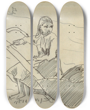 Triptych art skateboard deck of Winslow Homer Girl Seated On A Plow by Winslow Homer (1836-1910)