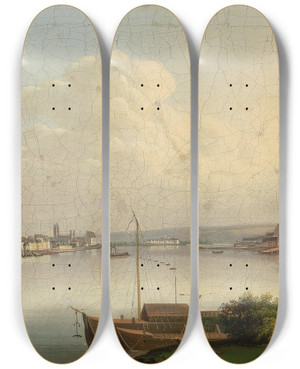 Triptych art skateboard deck of Conrad Zick View Of Koblenz With Fortress Ehrenbreitstein by Conrad Zick (1773-1836)