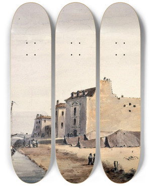 Triptych art skateboard deck of Augustesbastien Bnard Lhtel Des Haricots Prison De La Garde Nationale Quai Saint Bernard by Auguste-Sbastien Bnard (1810-1873)